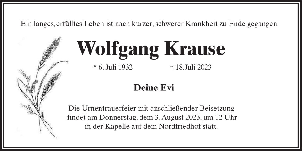 Traueranzeigen Von Wolfgang Krause Trauer Anzeigen De