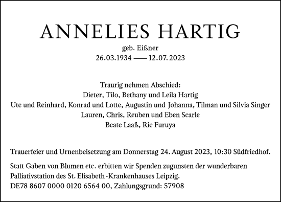 Traueranzeigen Von Annelies Hartig Trauer Anzeigen De