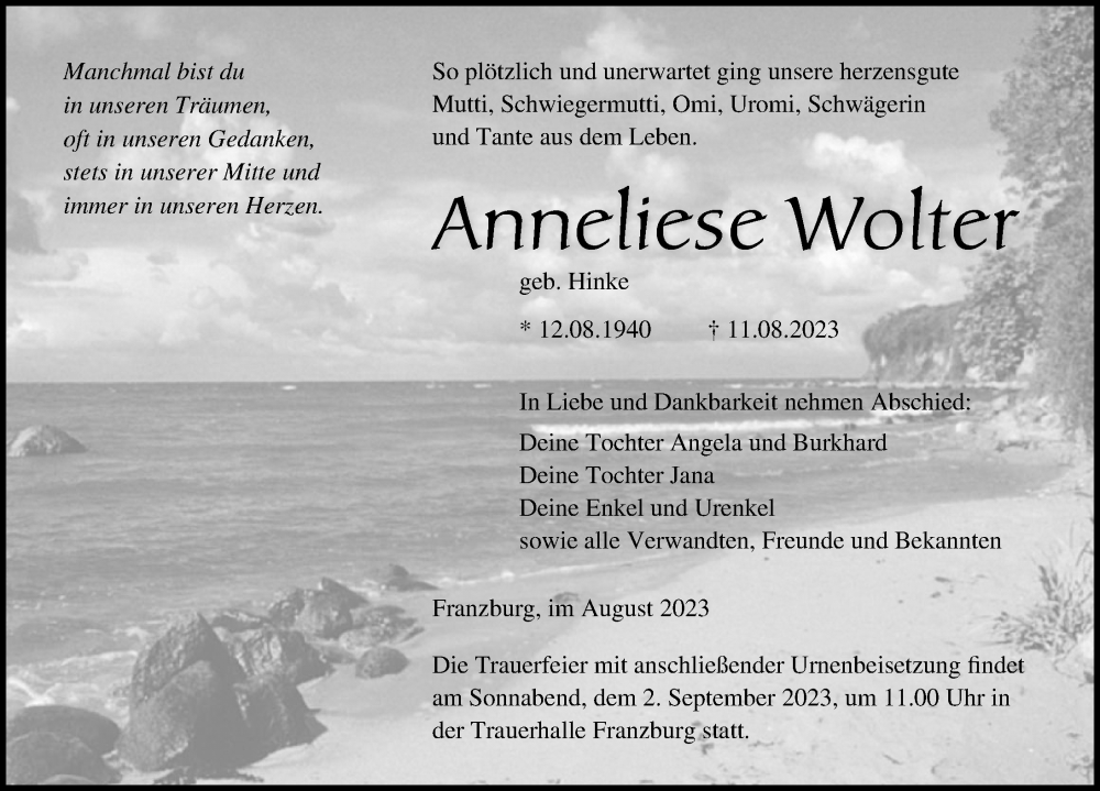 Traueranzeigen Von Anneliese Wolter Trauer Anzeigen De