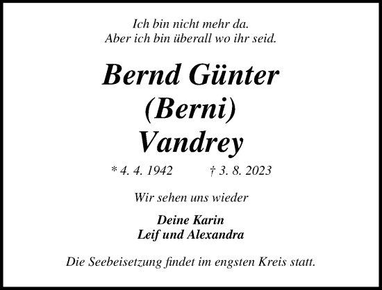 Traueranzeigen von Bernd Günter Vandrey trauer anzeigen de