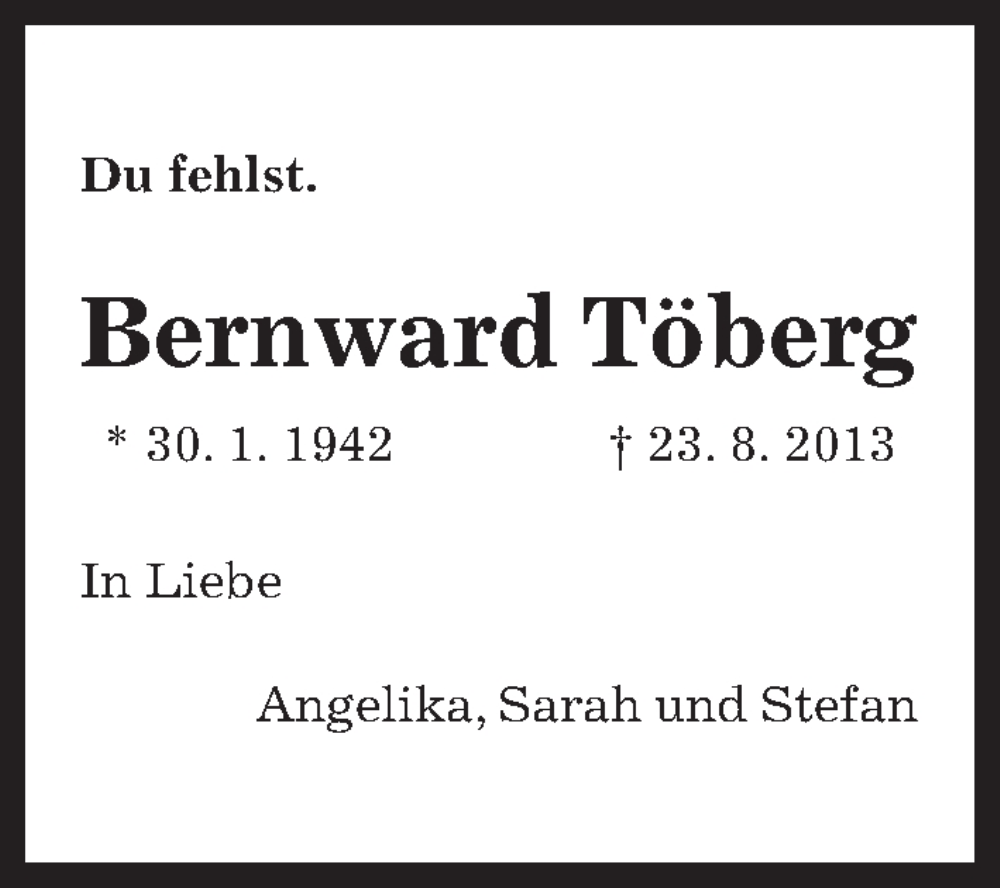 Traueranzeigen von Bernward Töberg trauer anzeigen de