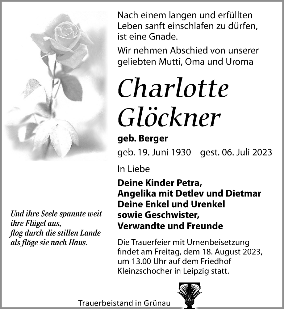 Traueranzeigen von Charlotte Glöckner trauer anzeigen de