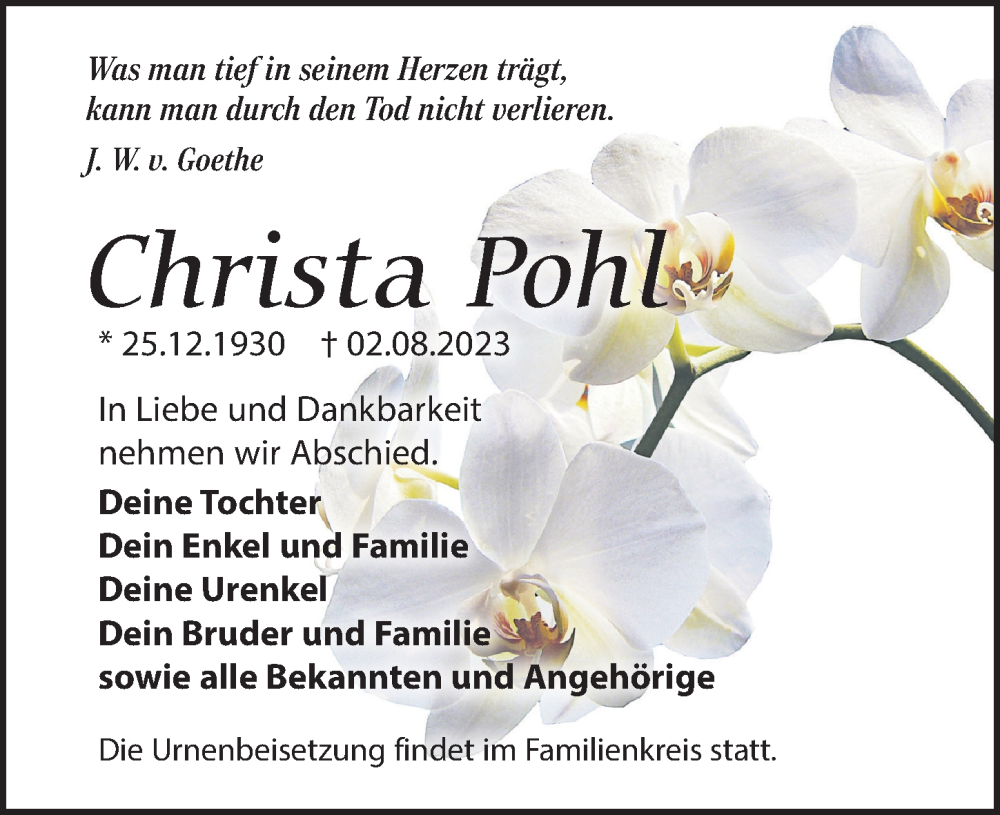 Traueranzeigen Von Christa Pohl Trauer Anzeigen De