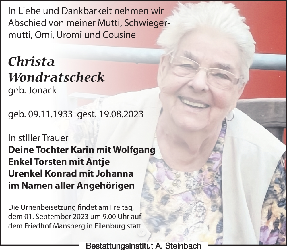 Traueranzeigen Von Christa Wondratscheck Trauer Anzeigen De