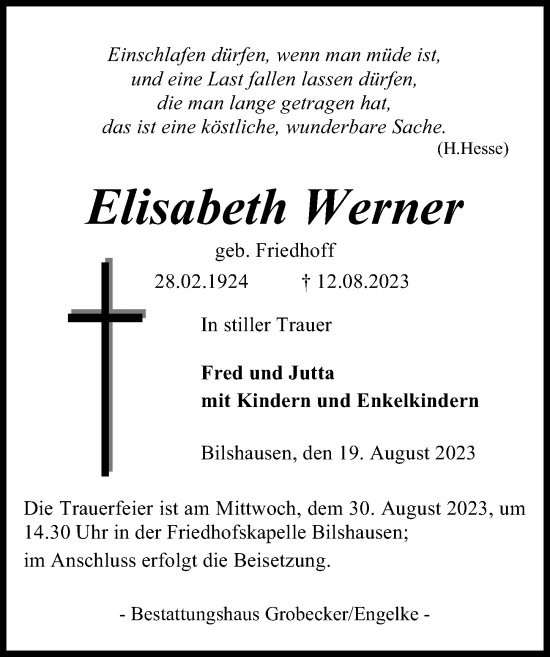 Traueranzeigen Von Elisabeth Werner Trauer Anzeigen De