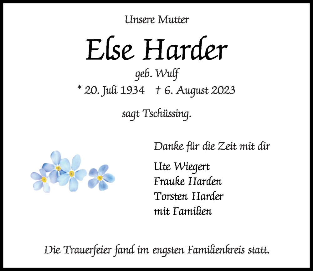 Traueranzeigen Von Else Harder Trauer Anzeigen De