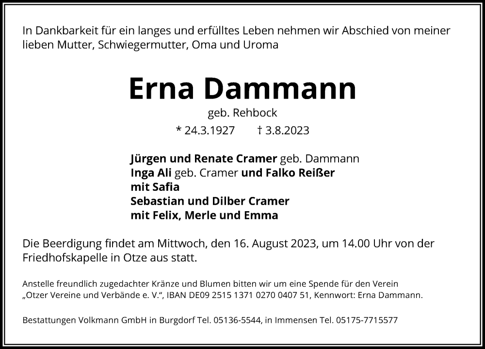 Traueranzeigen Von Erna Dammann Trauer Anzeigen De