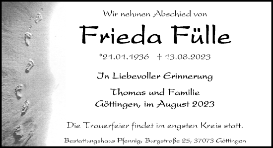 Traueranzeigen von Frieda Fülle trauer anzeigen de