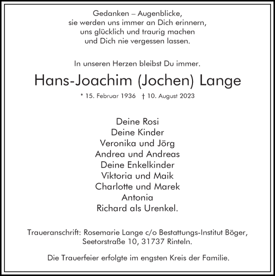 Traueranzeigen Von Hans Joachim Lange Trauer Anzeigen De