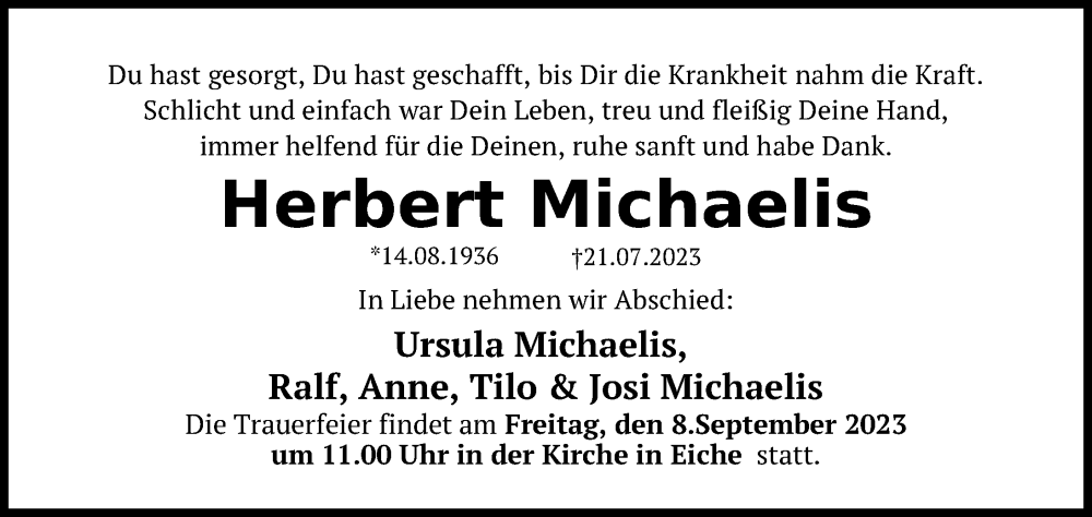 Traueranzeigen Von Herbert Michaelis Trauer Anzeigen De