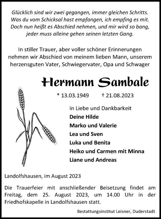 Traueranzeigen Von Hermann Sambale Trauer Anzeigen De