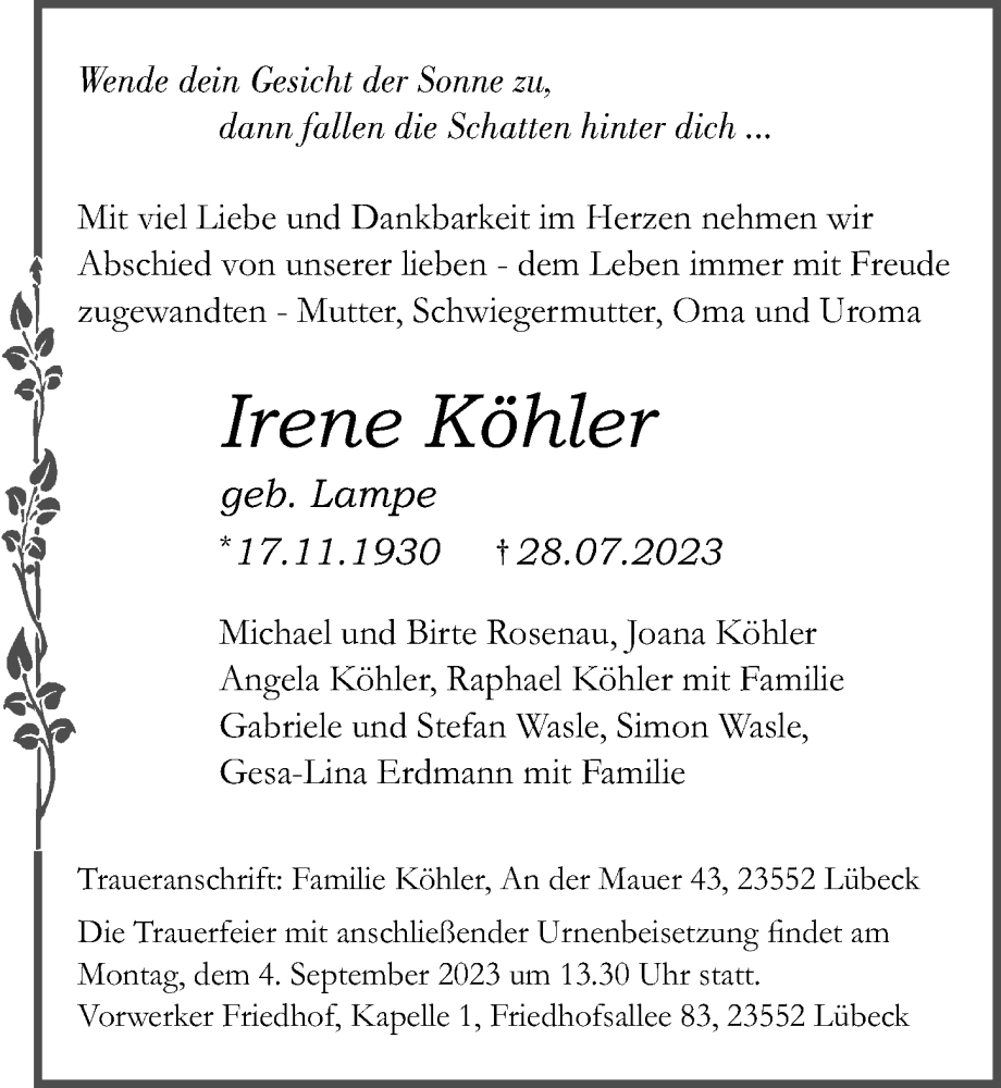 Traueranzeigen von Irene Köhler trauer anzeigen de