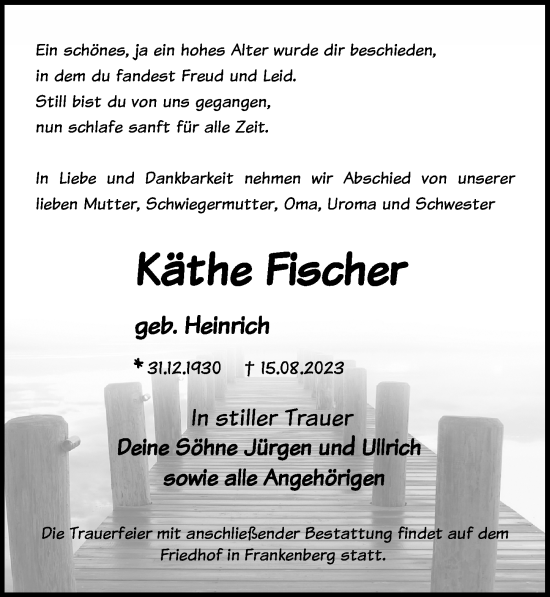 Traueranzeigen von Käthe Fischer trauer anzeigen de