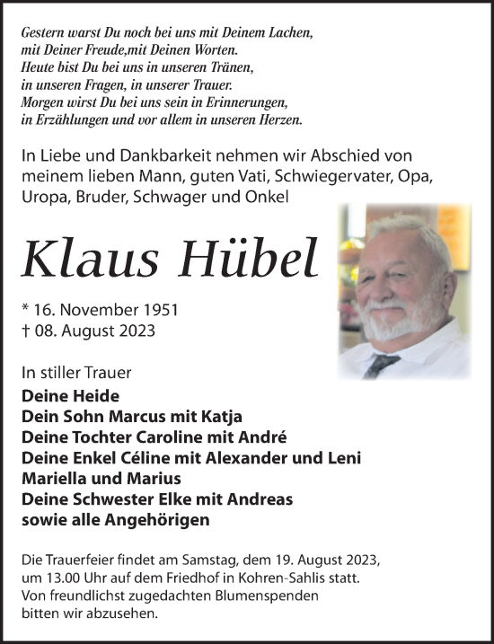 Traueranzeigen von Klaus Hübel trauer anzeigen de