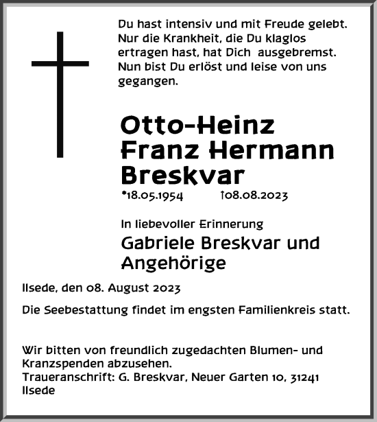 Traueranzeigen Von Otto Heinz Franz Hermann Breskvar Trauer Anzeigen De