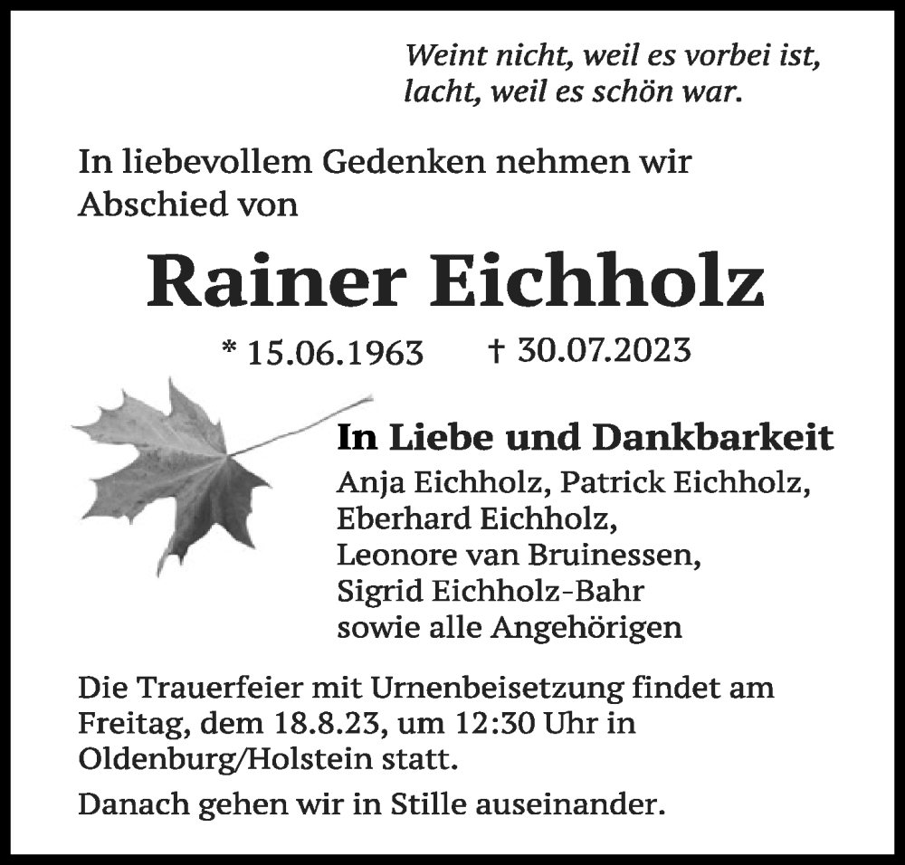 Traueranzeigen Von Rainer Eichholz Trauer Anzeigen De