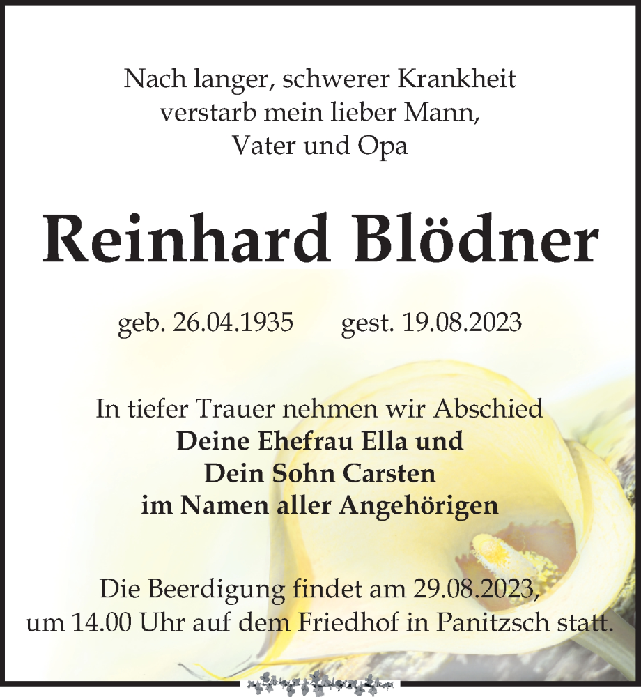 Traueranzeigen von Reinhard Blödner trauer anzeigen de