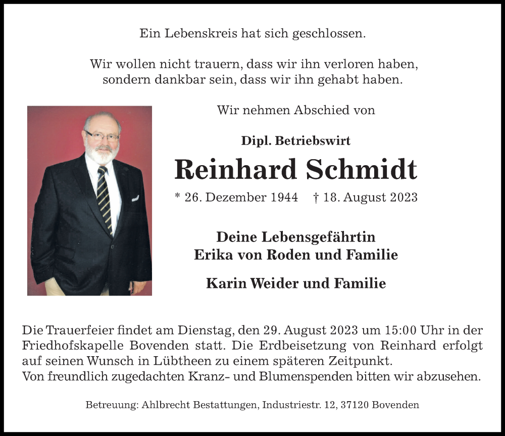 Traueranzeigen Von Reinhard Schmidt Trauer Anzeigen De