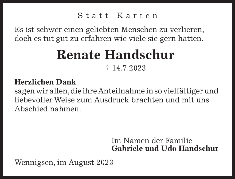 Traueranzeigen Von Renate Handschur Trauer Anzeigen De