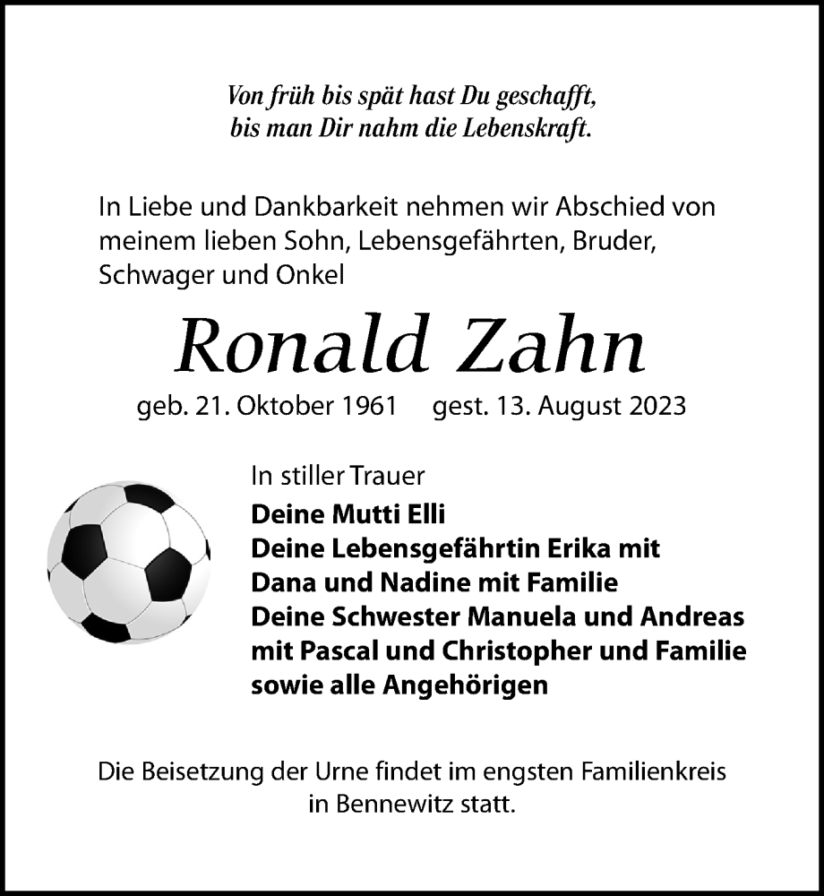 Traueranzeigen Von Ronald Zahn Trauer Anzeigen De