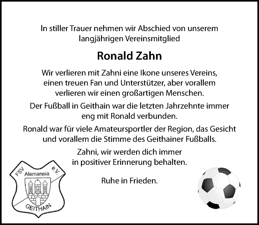 Traueranzeigen Von Ronald Zahn Trauer Anzeigen De