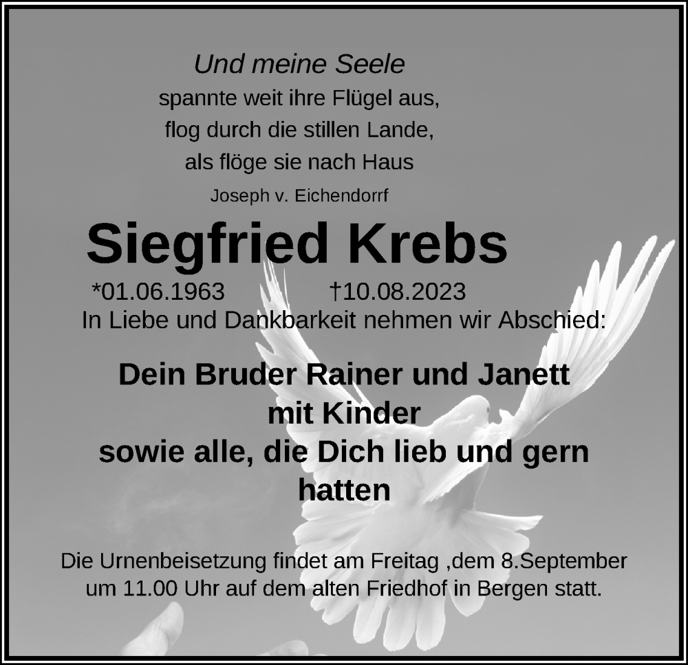 Traueranzeigen Von Siegfried Krebs Trauer Anzeigen De