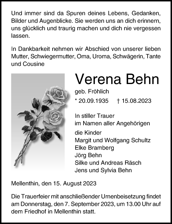 Traueranzeigen Von Verena Behn Trauer Anzeigen De