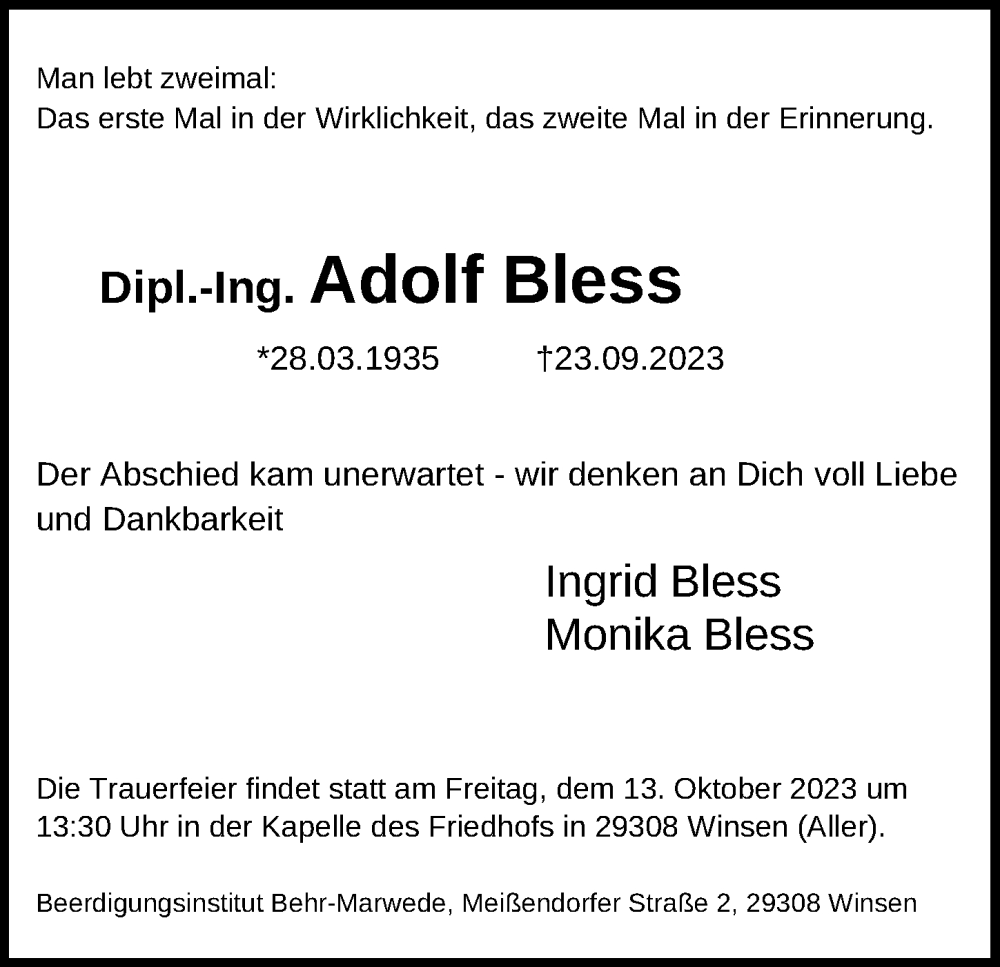 Traueranzeigen Von Adolf Bless Trauer Anzeigen De