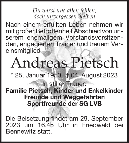 Traueranzeigen Von Andreas Pietsch Trauer Anzeigen De