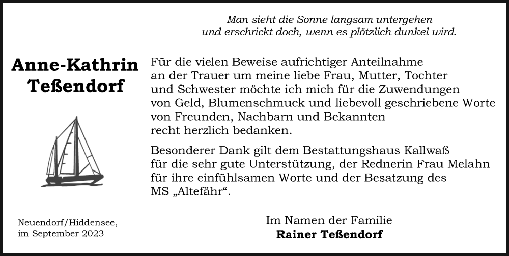 Traueranzeigen Von Anne Kathrin Te Endorf Trauer Anzeigen De