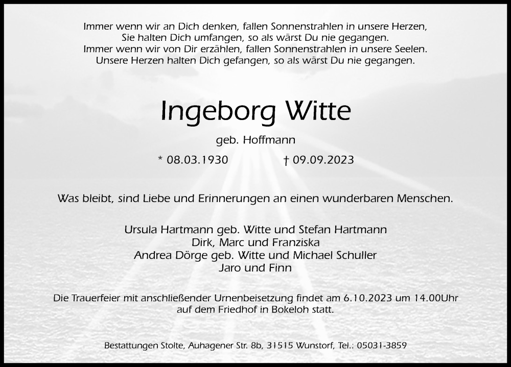 Traueranzeigen Von Ingeborg Witte Trauer Anzeigen De