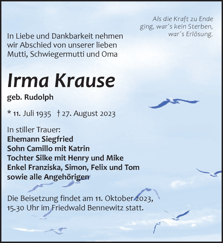 Traueranzeigen Von Irma Krause Trauer Anzeigen De