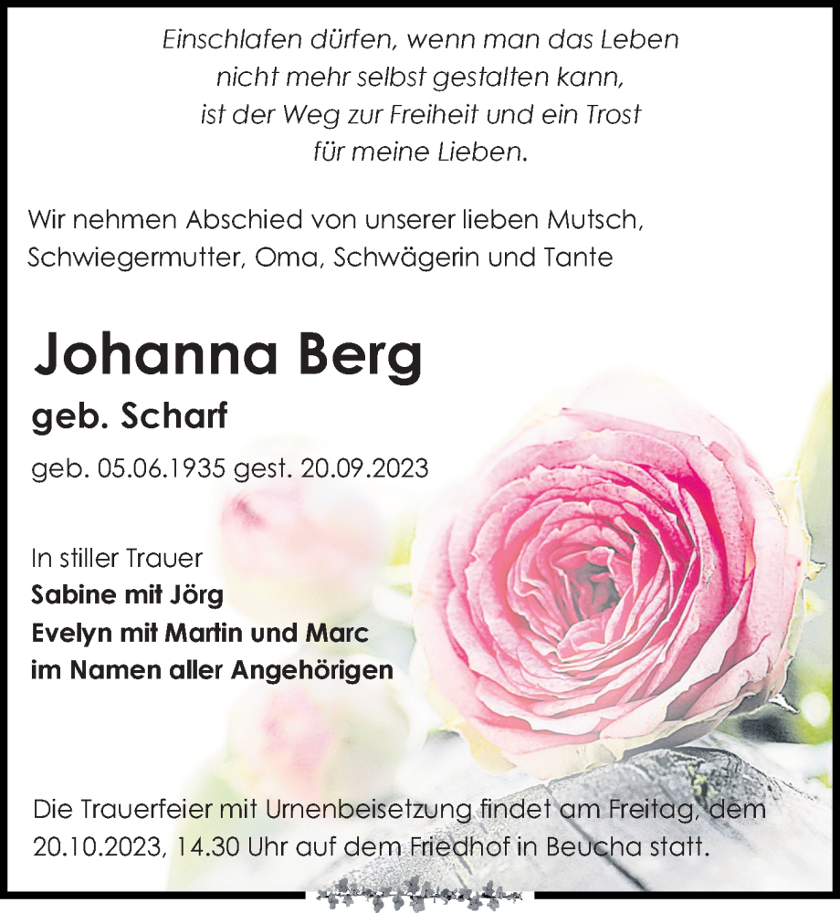 Traueranzeigen Von Johanna Berg Trauer Anzeigen De