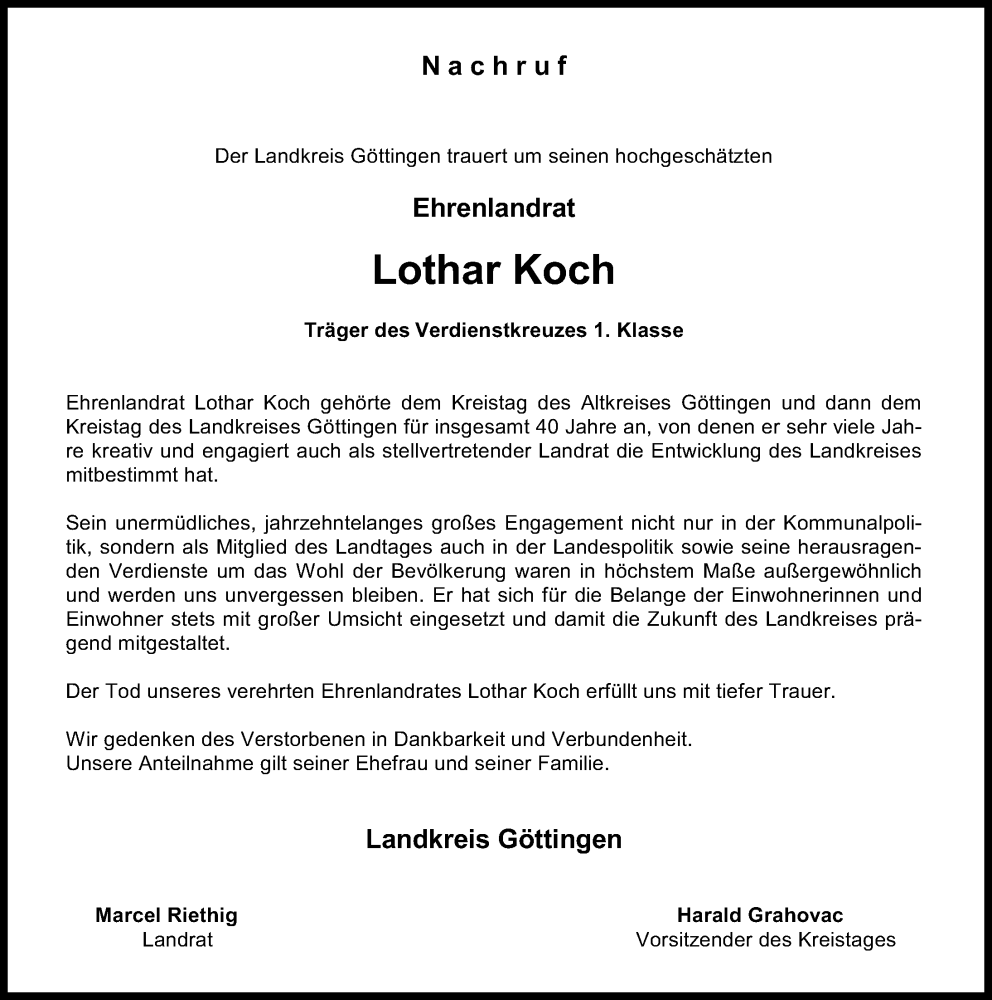 Traueranzeigen Von Lothar Koch Trauer Anzeigen De