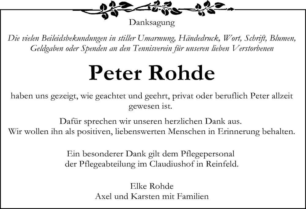 Traueranzeigen Von Peter Rohde Trauer Anzeigen De