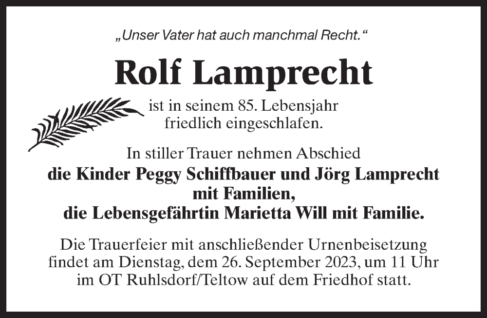 Traueranzeigen Von Rolf Lamprecht Trauer Anzeigen De