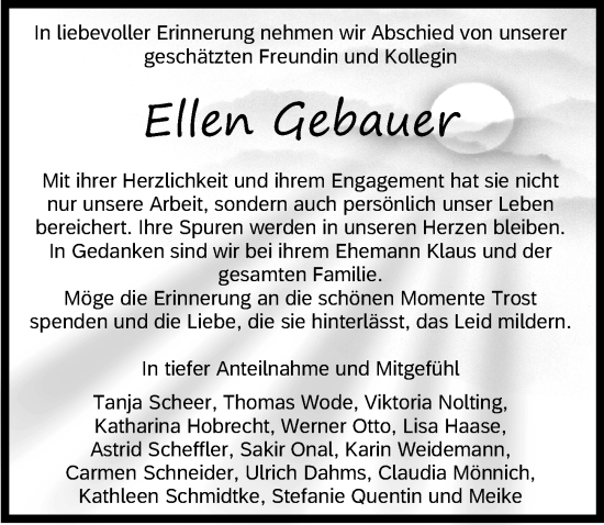 Traueranzeigen Von Ellen Gebauer Trauer Anzeigen De