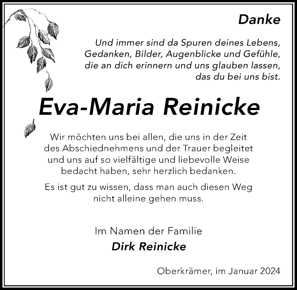 Traueranzeigen Von Eva Maria Reinicke Trauer Anzeigen De