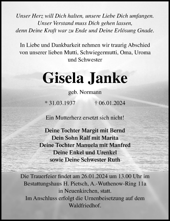 Traueranzeigen Von Gisela Janke Trauer Anzeigen De