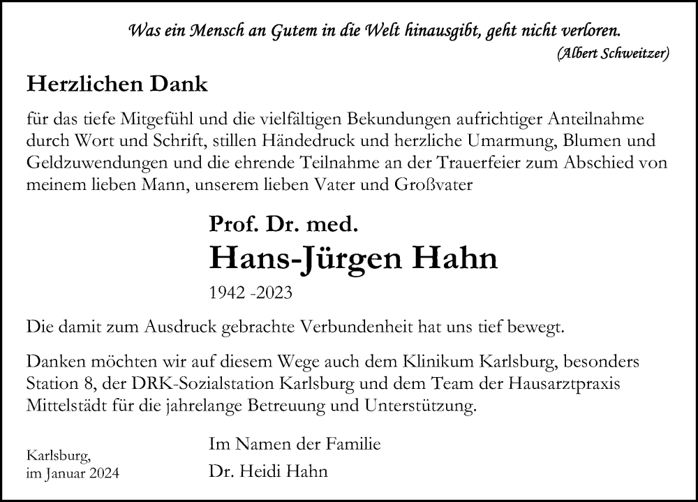 Traueranzeigen von Hans Jürgen Hahn trauer anzeigen de