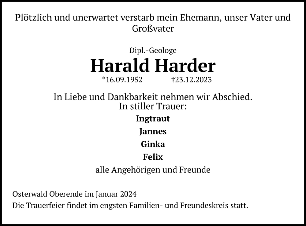 Traueranzeigen Von Harald Harder Trauer Anzeigen De