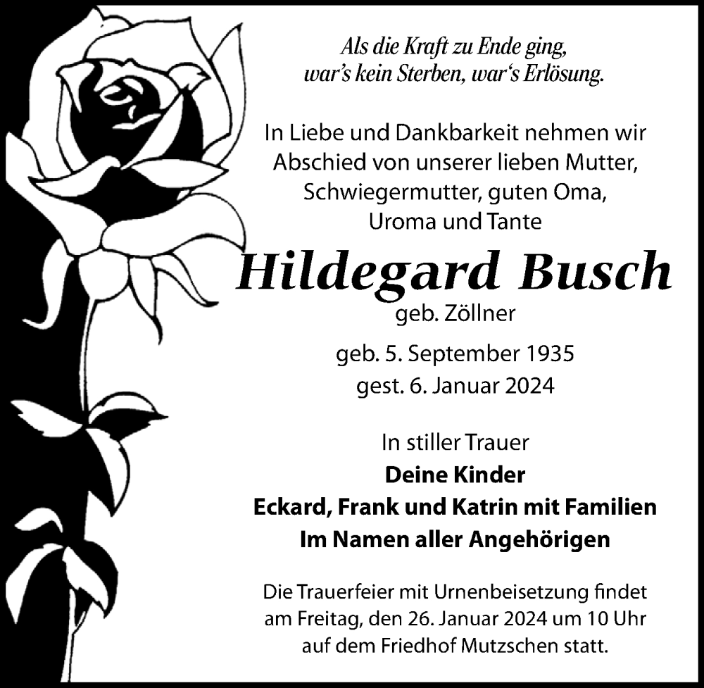 Traueranzeigen Von Hildegard Busch Trauer Anzeigen De