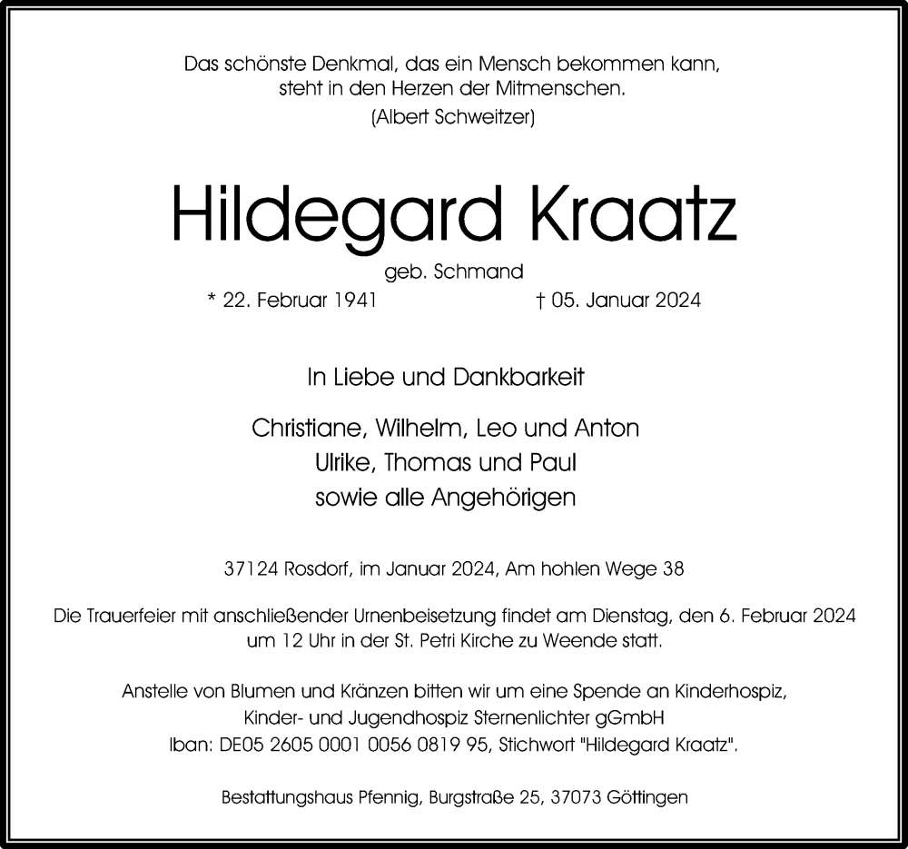 Traueranzeigen Von Hildegard Kraatz Trauer Anzeigen De