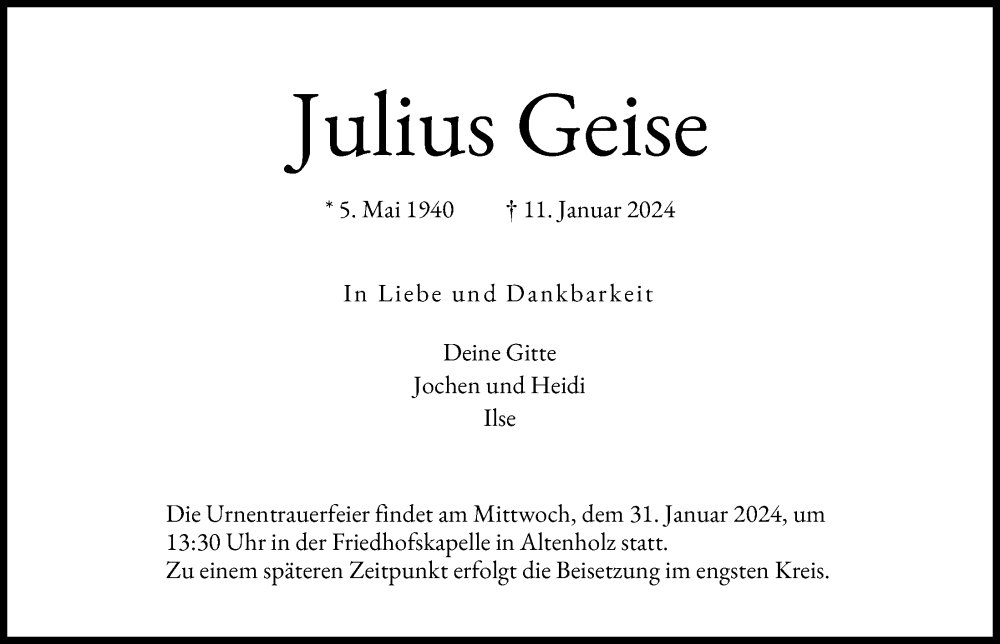 Traueranzeigen Von Julius Geise Trauer Anzeigen De