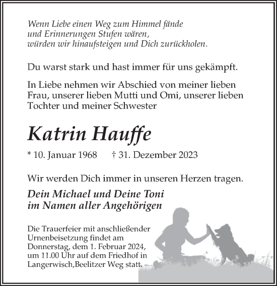 Traueranzeigen Von Katrin Hauffe Trauer Anzeigen De