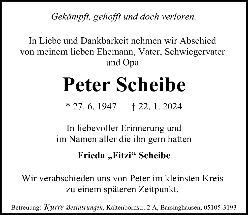 Traueranzeigen Von Peter Scheibe Trauer Anzeigen De