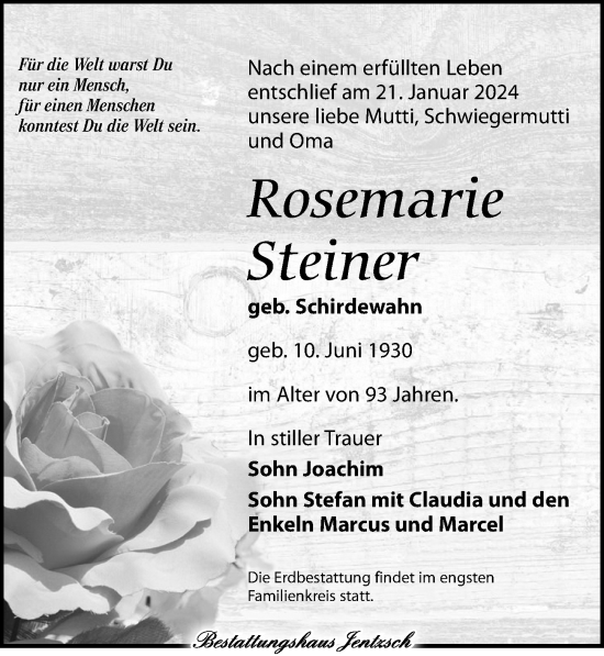 Traueranzeigen Von Rosemarie Steiner Trauer Anzeigen De