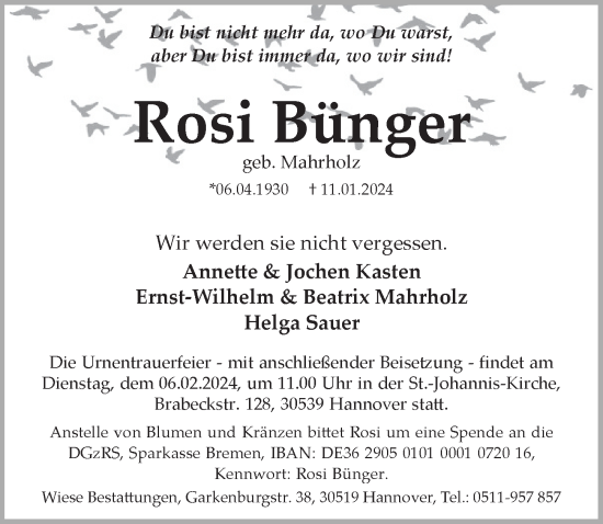 Traueranzeigen von Rosi Bünger trauer anzeigen de