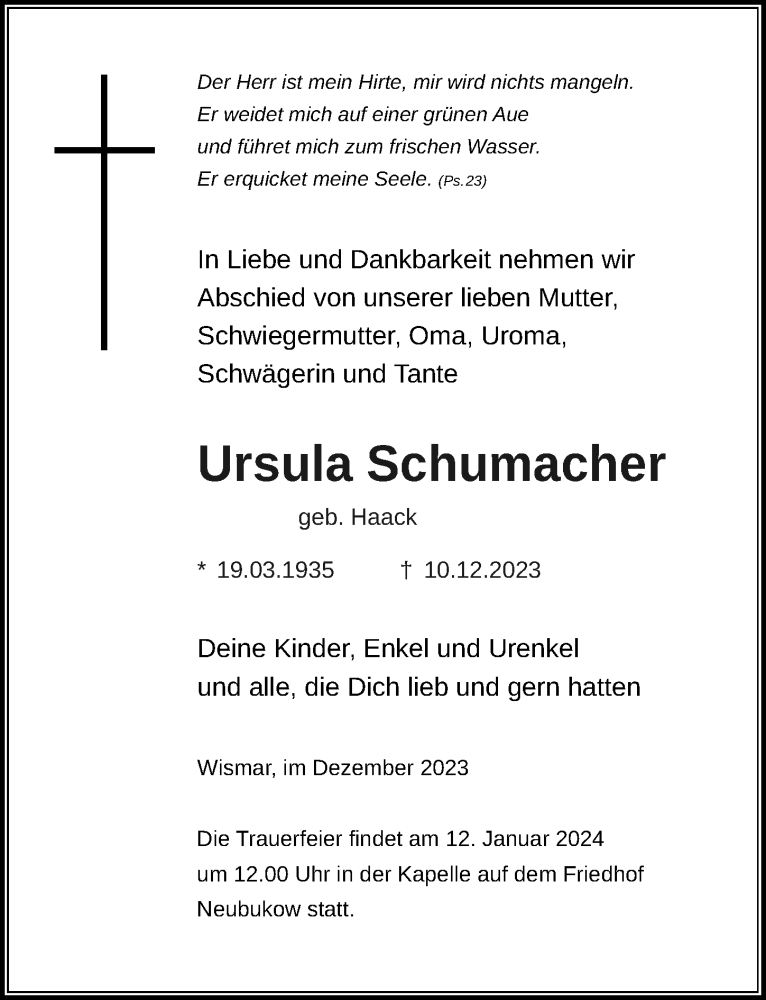 Traueranzeigen Von Ursula Schumacher Trauer Anzeigen De