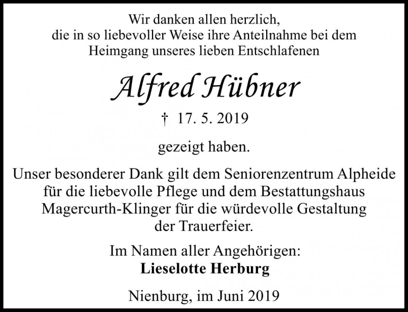 Traueranzeigen von Alfred Hübner trauer anzeigen de